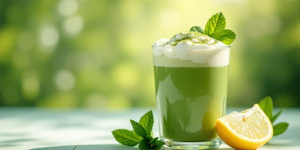 Iced matcha latte with mint and lemon on summer background.