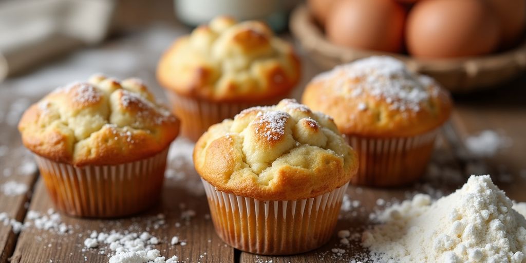 Freshly baked muffins on a wooden table.