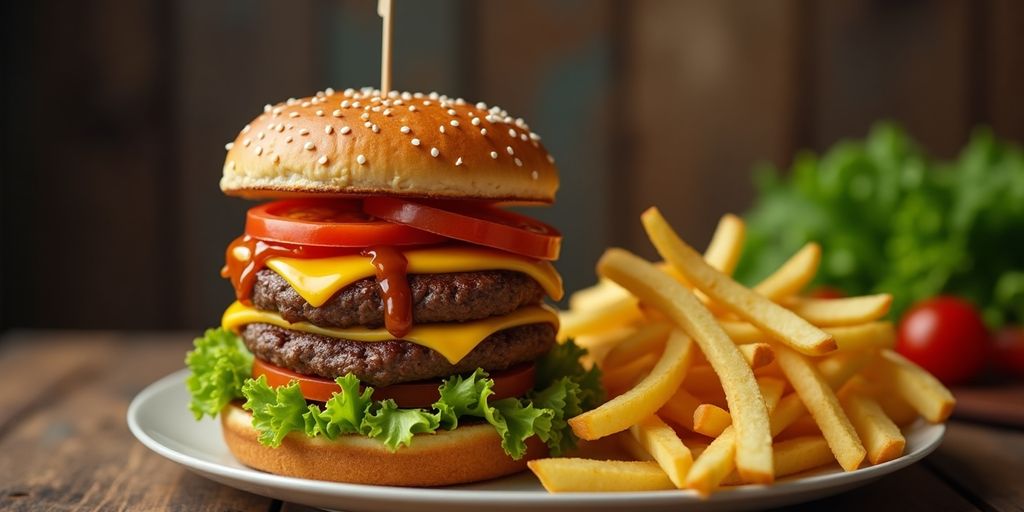 Delicious hamburger with cheese and fries on a table.