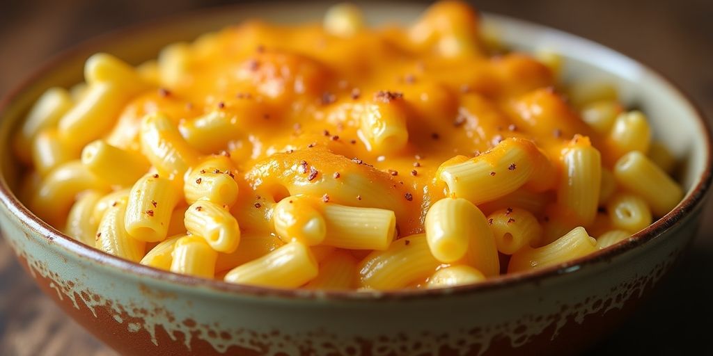 Baked macaroni and cheese in a rustic bowl.