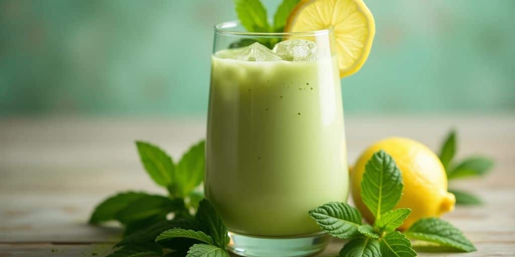 Iced matcha latte with lemon and mint on a table.