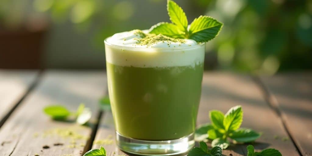 Iced matcha latte with mint leaves and frothy top.