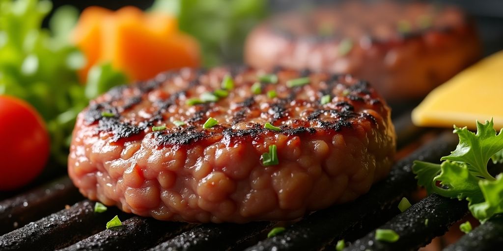 Close-up of a grilled hamburger patty with toppings.