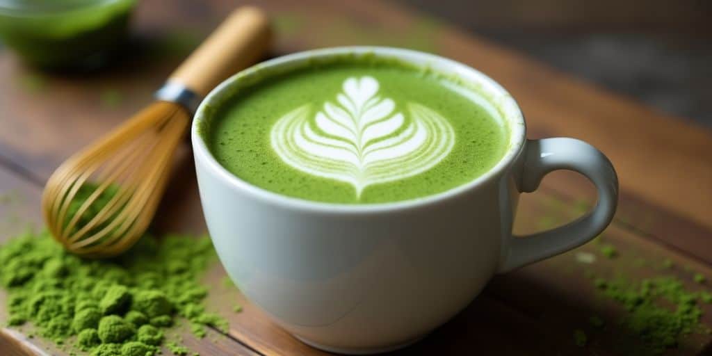 Matcha latte in a white cup with green foam.