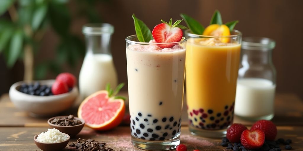 Homemade boba milk tea with colorful pearls and garnishes.