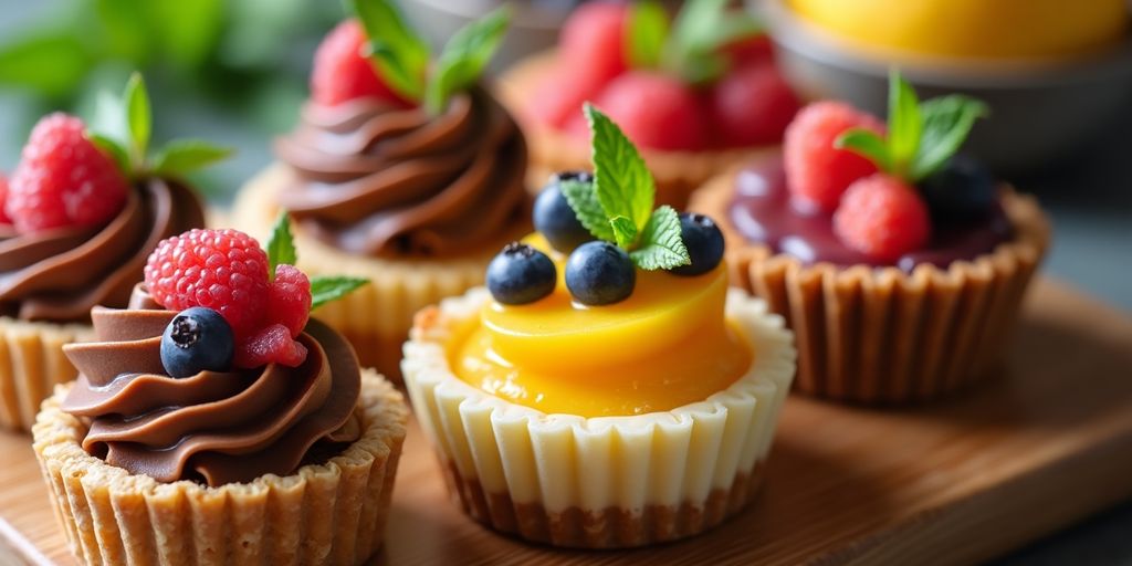 Assorted no-bake desserts on a wooden platter.