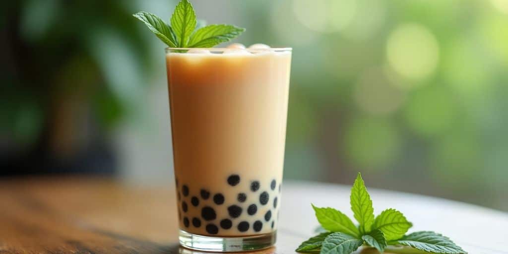 Boba milk tea in a glass with tapioca pearls.