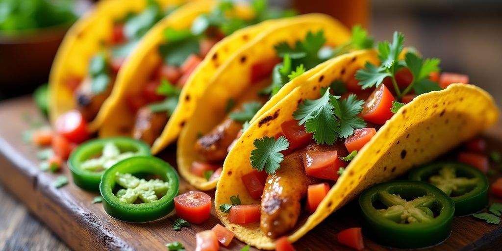 Close-up of spicy chicken tacos with fresh toppings.