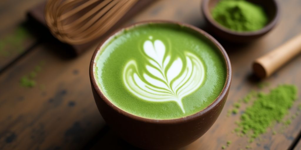 Matcha latte in a ceramic cup with foam art.