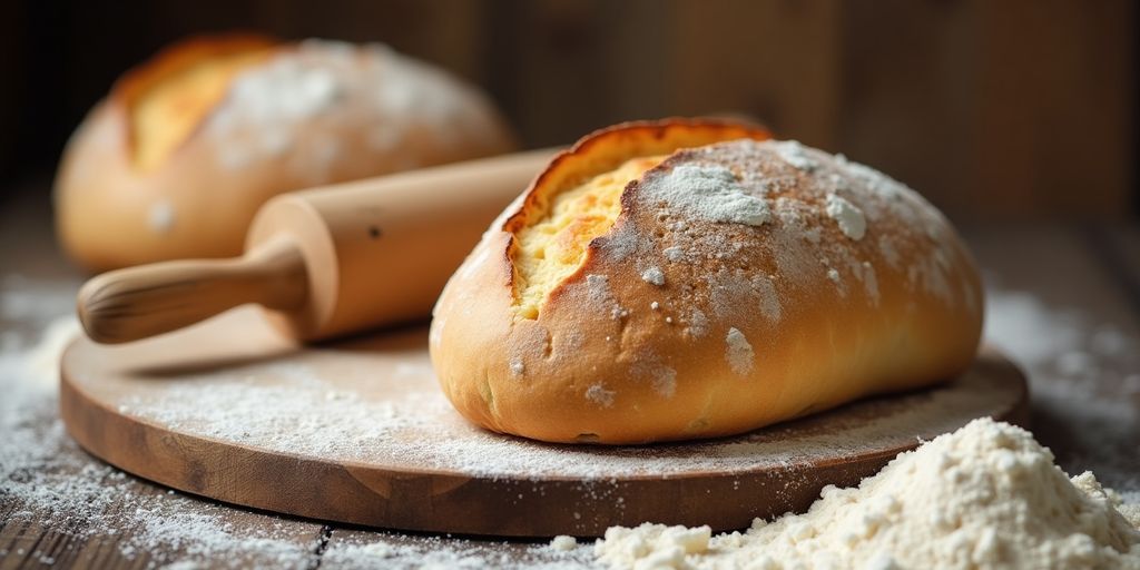 Freshly baked loaf of bread on a wooden board.