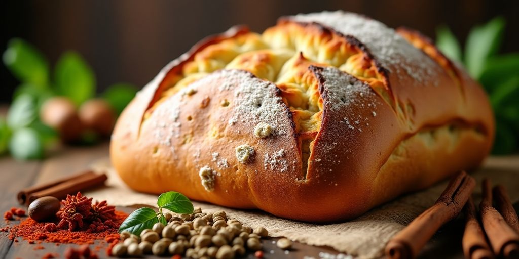 A golden crust bread with herbs and spices around it.