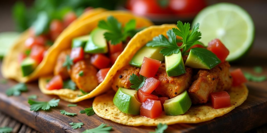 Close-up of spicy chicken tacos with fresh toppings.