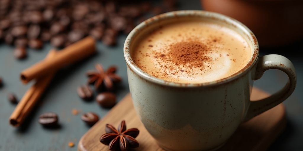 A frothy dirty chai latte in a rustic cup.