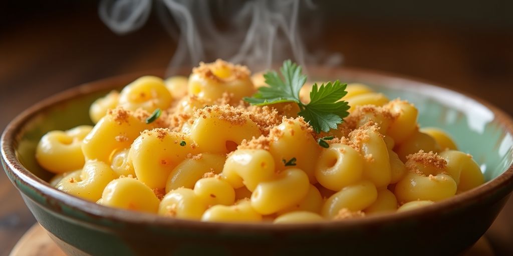 Baked macaroni and cheese in a ceramic bowl.