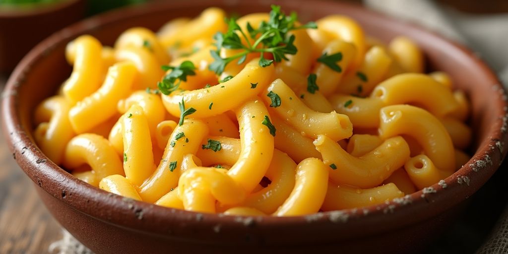 Baked macaroni and cheese in a rustic bowl.