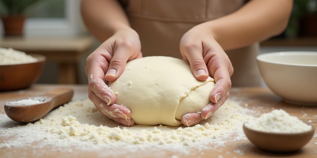 Fresh dough resting on a floured surface in a kitchen.