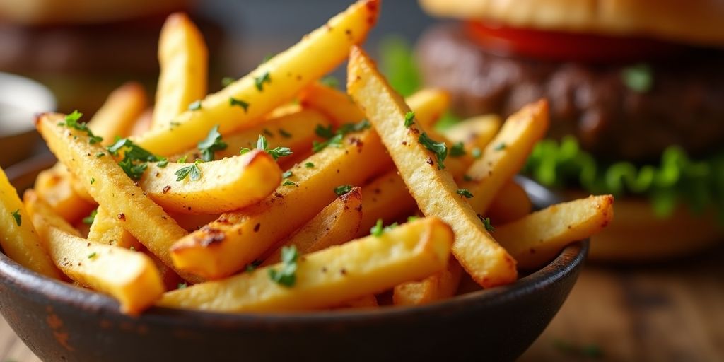 Crispy seasoned fries in a rustic bowl beside a hamburger.