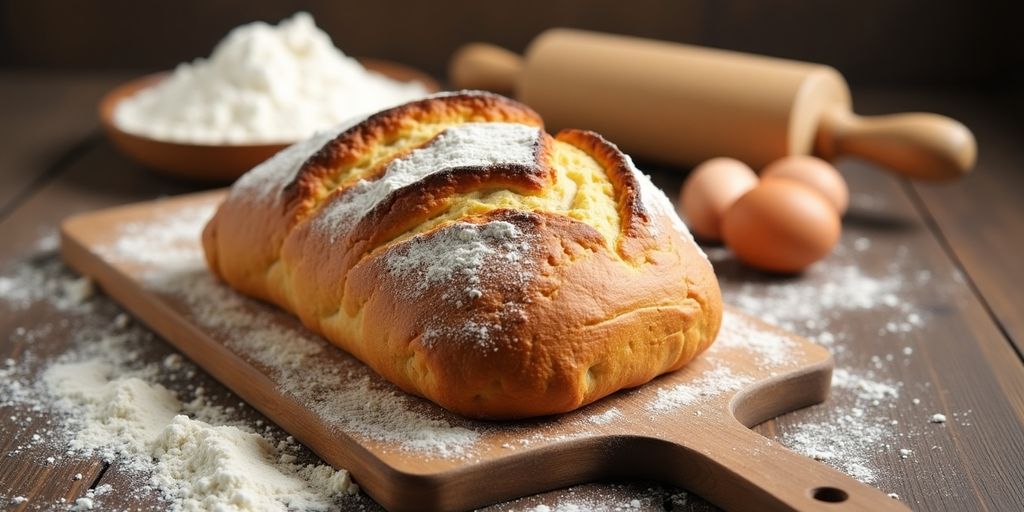 Freshly baked loaf of bread on a cutting board.