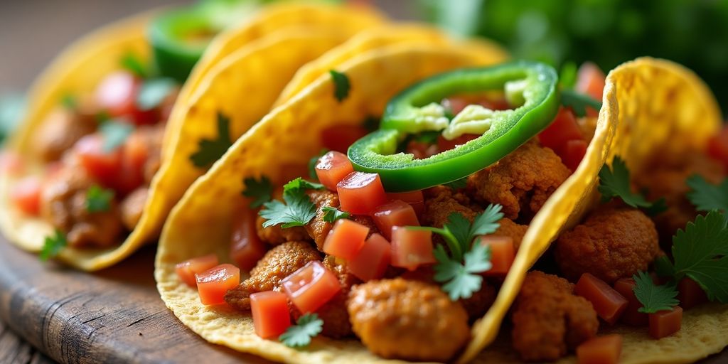 Spicy chicken tacos with fresh toppings on a wooden table.