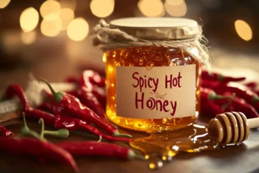 A rustic jar of spicy hot honey surrounded by vibrant red chili peppers on a wooden countertop, with honey dripping from a honey dipper. Warm, soft lighting enhances the inviting homemade feel of the scene.