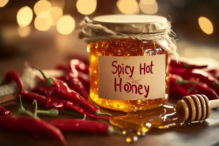 A rustic jar of spicy hot honey surrounded by vibrant red chili peppers on a wooden countertop, with honey dripping from a honey dipper. Warm, soft lighting enhances the inviting homemade feel of the scene.