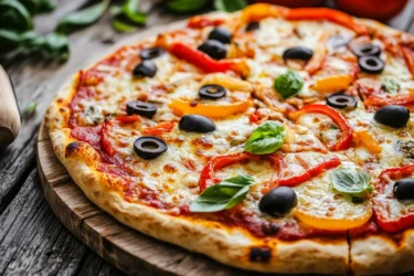 A freshly baked homemade veggie pizza topped with red and yellow bell peppers, black olives, melted cheese, and fresh basil leaves, sitting on a wooden board.