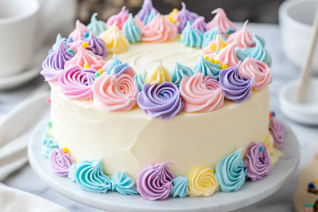 A beautifully decorated cake with a smooth white frosting base, adorned with pastel-colored buttercream swirls in shades of pink, purple, blue, and yellow, topped with small colorful sprinkles, sitting on a marble cake stand with a soft, elegant background.