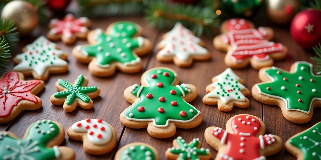 A variety of decorated holiday cookies on a wooden table.