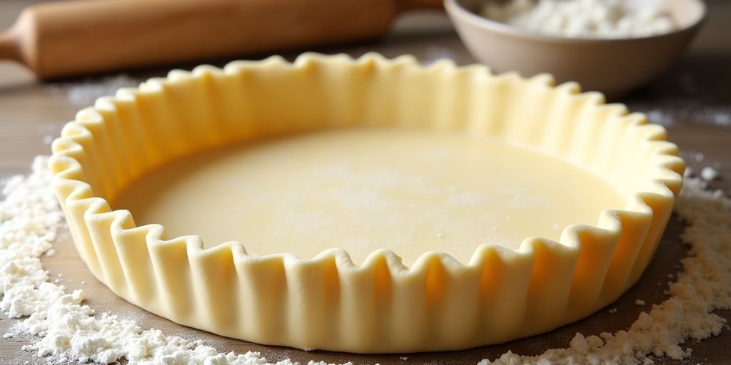 Golden pie crust with ingredients, rolling pin in background.