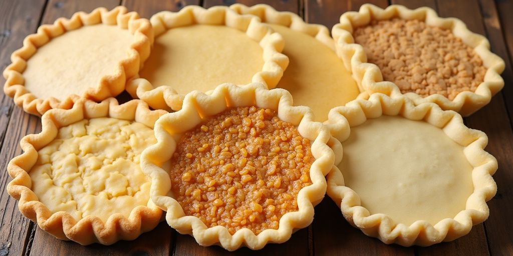 Assortment of various pie crusts on wooden surface.