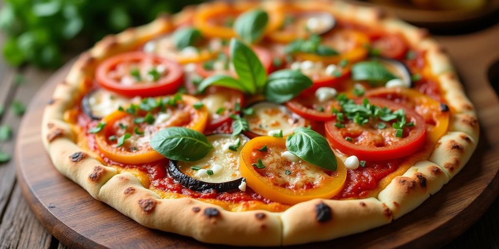 Chicken pizza crust with toppings on a wooden table.