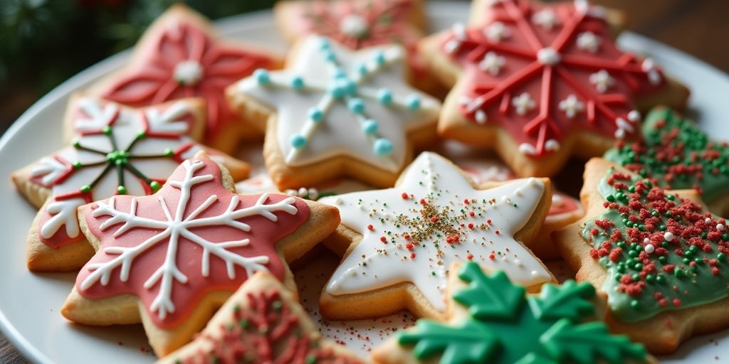 Colorful holiday cookies elegantly arranged on a platter.