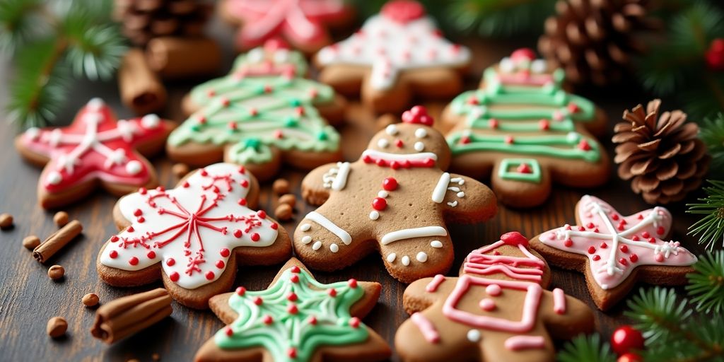 Colorful decorated gingerbread cookies on a festive table.