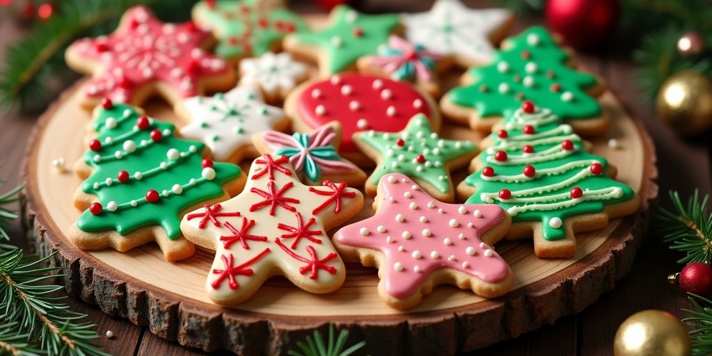 Colorful holiday cookies on a wooden platter.