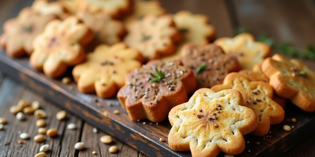 Variety of colorful savory cookies on a wooden table.