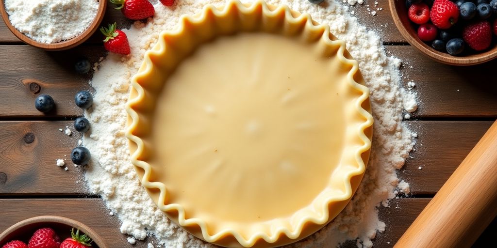 Golden brown pie crust with rolling pin and berries.