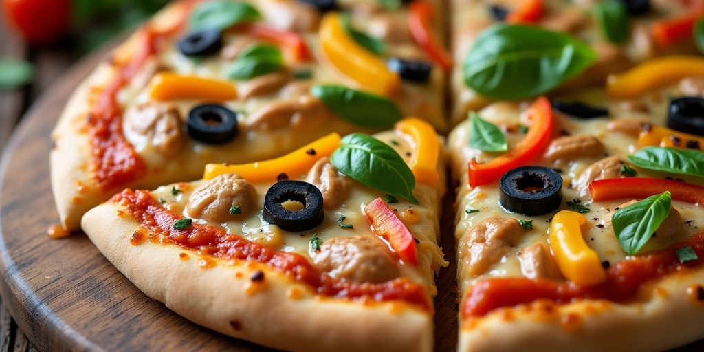 Close-up of chicken pizza crust with toppings.