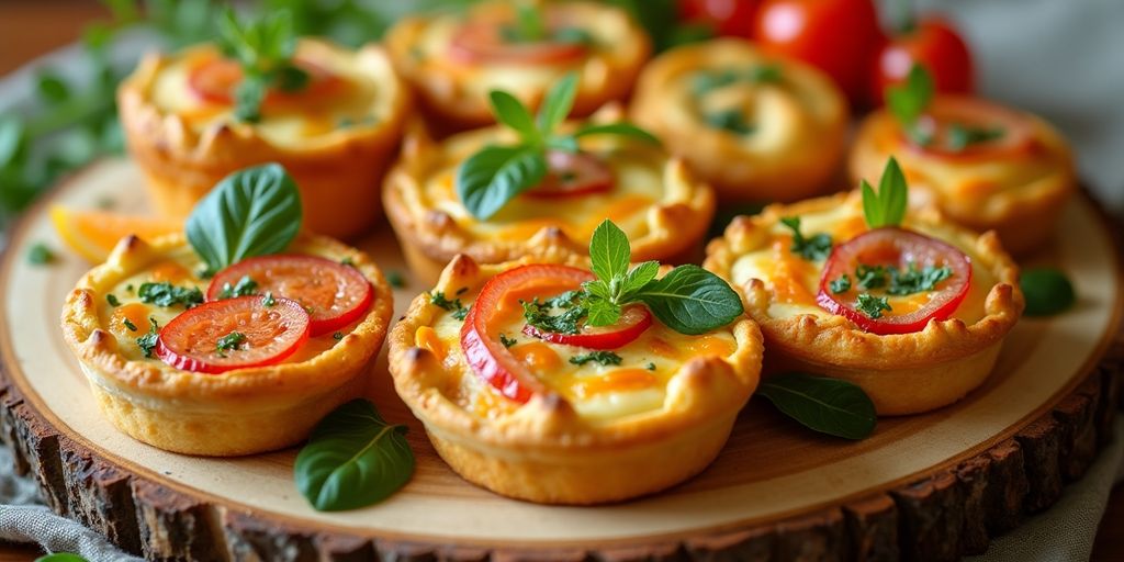 A colorful display of various savory pastries on a platter.