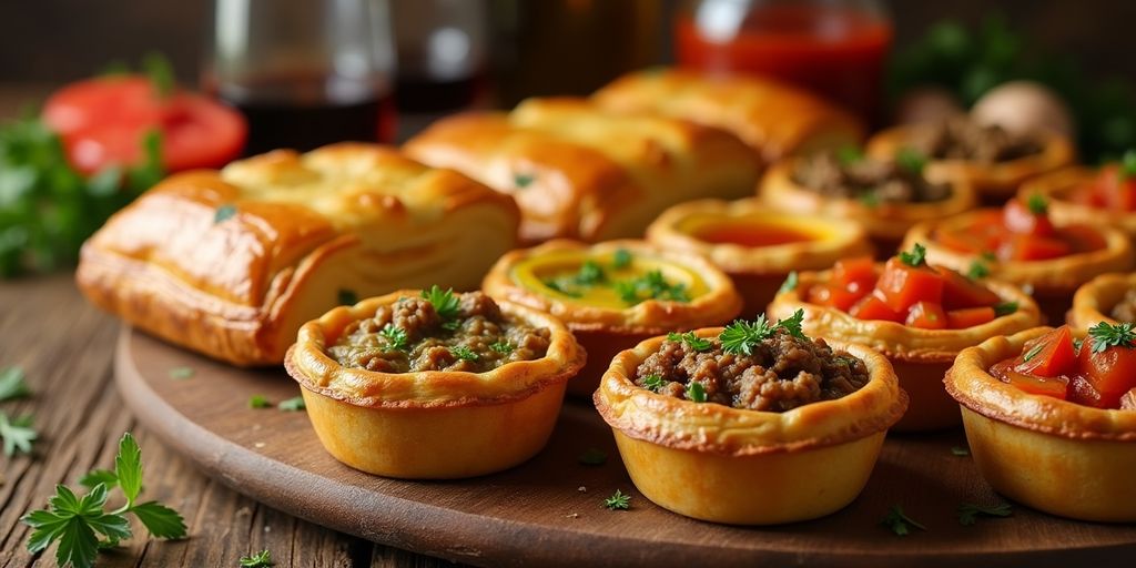 Assorted savory pies on a wooden table.